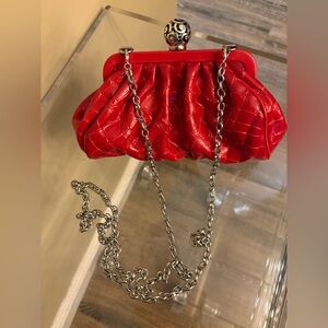 Brighton Red Patent Leather Croc-Embossed Clutch with Silver Chain